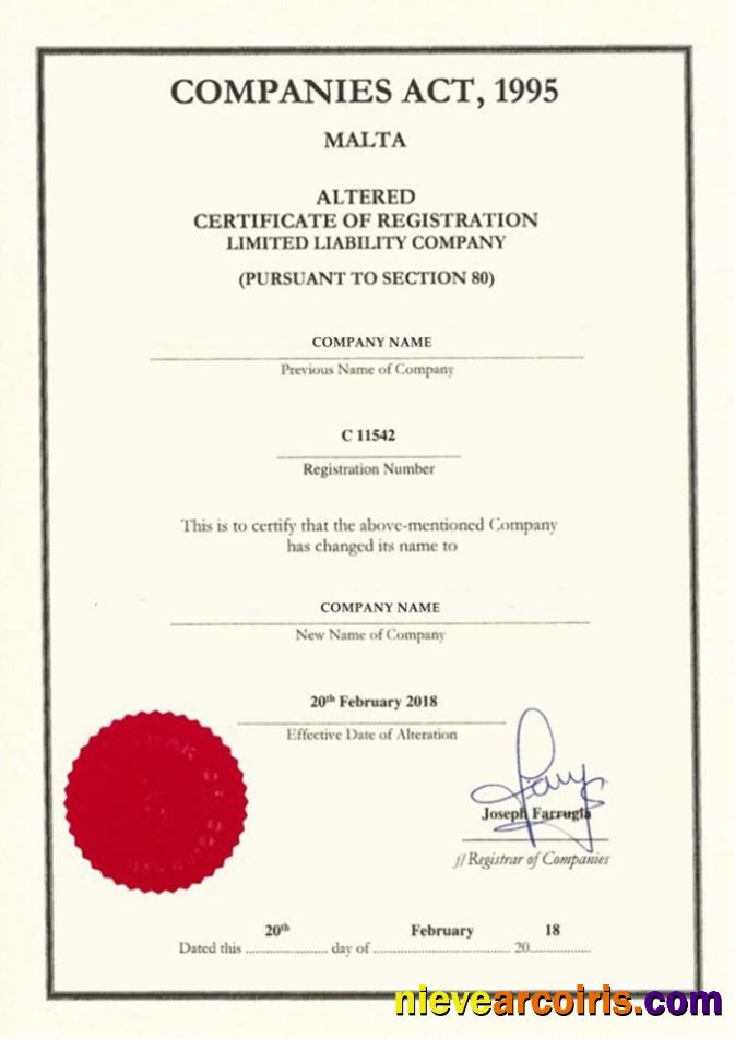 Malta Certificate of Registration